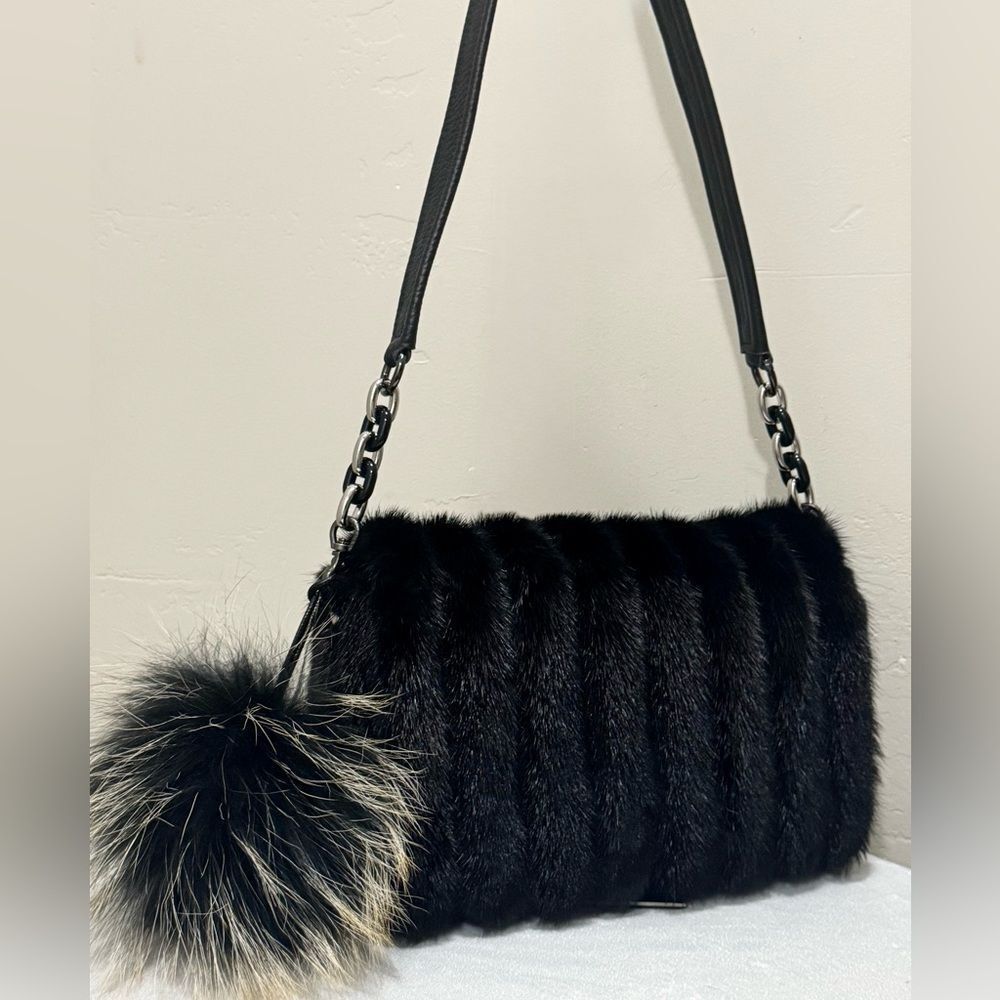 Black Real Mink Fur Handmade Fold Over Flap Bag & Large Fox Fur Pom-Pom Charm